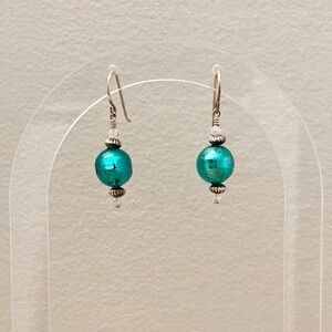 Teal Venetian Glass, Swarovski Crystal, Sterling Silver Statement Earrings